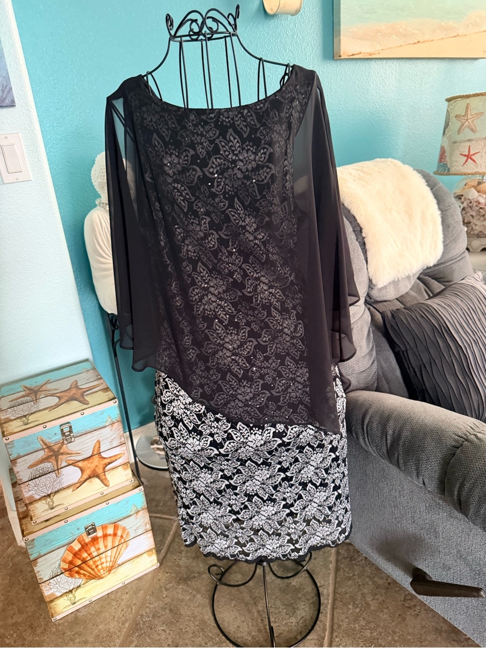 Ronni Nicole Black Midi Dress with White Lace Overlay